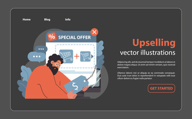 Upselling concept. Engrossed man analyzing a digital special offer, keen to add more items to cart for a better deal. Optimizing sales strategies. Flat vector illustration.