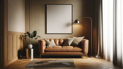 Modern living room interior with elegant leather sofa, artwork frame mockup hanging on the wall, empty frame on wall for art, green plant accent, cozy home design with natural light, chic urban home