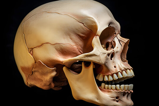 Detailed image of a human skull on a black background isolated.