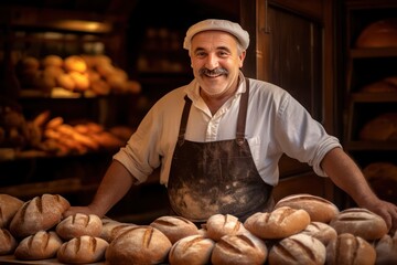 baker with bread in bakery - obrazy, fototapety, plakaty