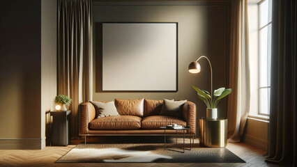 Modern living room interior with elegant leather sofa, artwork frame mockup hanging on the wall, empty frame on wall for art, green plant accent, cozy home design with natural light, chic urban home