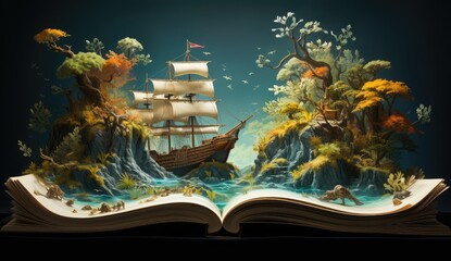 Open book with marine scenes with tree, ship and seaweed as a concept of imagination developement from reading books. 
