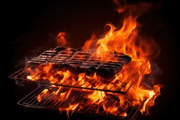 Barbecue Grill With Fire Flames - Empty Fire Grid On Black Background