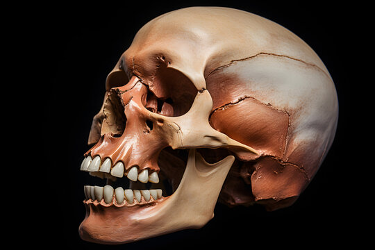 Detailed image of a human skull on a black background isolated.