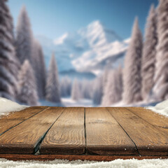Wooden desk of free space for your decoration and winter landscape. Christmas time in mountains....