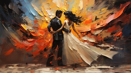 Painting of romantic dance showing the texture of thick oil paint strokes - obrazy, fototapety, plakaty