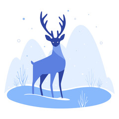 Merry Christmas and Happy New Year 2024 greeting card with deer in winter forest landscape. Empty space for text. Winter sale. Blue colors. Vector illustration. Design for postcard, poster, banner.