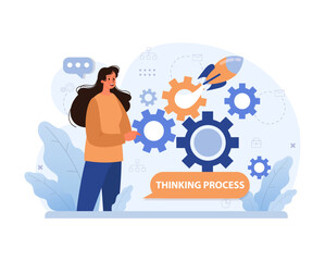 Divergent thinking process concept. Woman engages with intricate gears, symbolizing idea generation, linked by innovative thought. Exploration, creativity, mechanics. Flat vector illustration