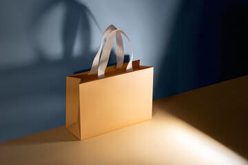 Mockup of a paper bag with sand-colored handles. Orange paper bag.