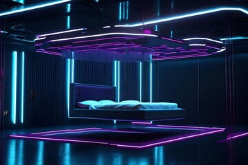 A futuristic floating bed suspended from the ceiling