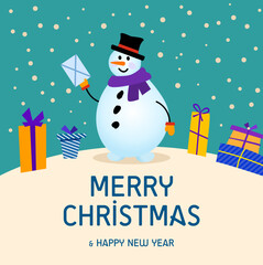 Christmas Cute Cheerful Snowman Postman in a hat with a letter in his hand. snow card with gifts.