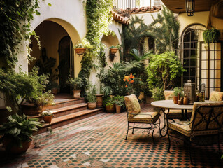 An elegant and vibrant outdoor courtyard with beautiful Mediterranean-style tiling and lush greenery.