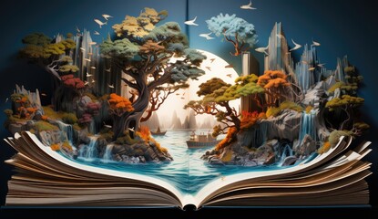 open book with fantasy land over the water iside of it. Concept of education and imagination from reading books. - obrazy, fototapety, plakaty