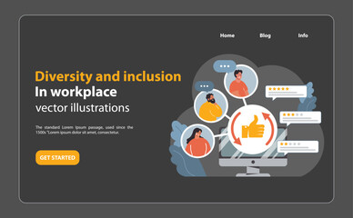 Diverse employees around a computer screen showcasing positive feedback and ratings. Embracing diversity in digital workplace feedback systems. Flat vector illustration - obrazy, fototapety, plakaty