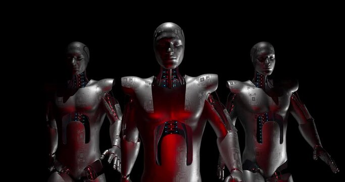 Armed Fearless AI Robots Confidently Walking To The Camera. Luma Channel Is Included. Technology Related 3D Animation.