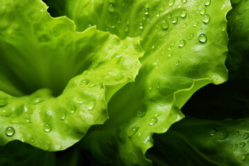 A high resolution macro view of dewy Green Lettuce leaves is presented.