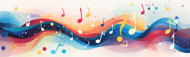 Abstract illustration of musical background with music notes and colorful wavy lines. Concept of the background and backdrop. - obrazy, fototapety, plakaty