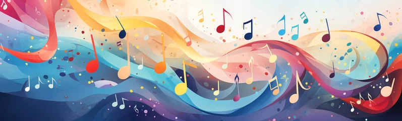 Foto auf Acrylglas Abstract illustration of musical background with music notes and colorful wavy lines. Concept of the background and backdrop. © LeManna