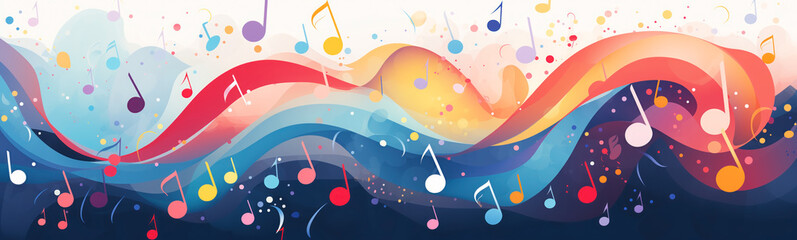 Abstract illustration of musical background with music notes and colorful wavy lines. Concept of the background and backdrop. - obrazy, fototapety, plakaty