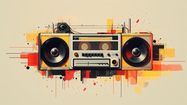 Analog aesthetic in design. Retro Boombox with Abstract Artistic Flair. Illustration with vintage boombox on abstract background with vibrant splashes of color and dynamic geometric shapes.