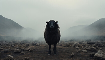Lonely black sheep. Standing out of the crowd. Dare to be different concept. A black sheep among the herd of white sheep. Black sheep of the family concept design concept of being left out - obrazy, fototapety, plakaty