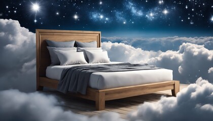 Good sleep symbol - bed stand in blue cloud, sky setting, fluffy and serene - obrazy, fototapety, plakaty