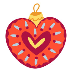Christmas tree decorative toy in the shape of a heart. Retro decorations for the Christmas tree. Vector flat illustration.
