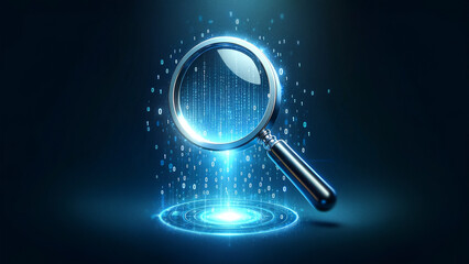 Data analysis concept with magnifying glass, digital data search, binary code investigation, information technology, cybersecurity research, virtual data inspection, digital forensic analysis