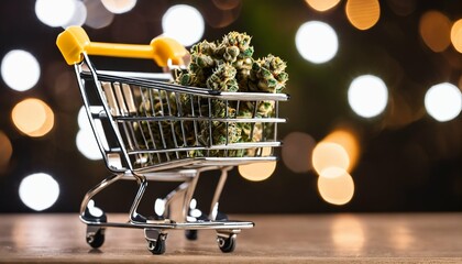 Marijuana buds in a supermarket cart - quirky, conceptual shopping image