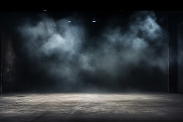Explore the dramatic setting of an empty studio dark room, where a concrete floor with grunge texture is illuminated by spot lighting, accompanied by a hint of fog in the background.