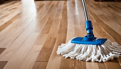 Floor cleaning with mop and cleanser foam, tools on parquet floor - obrazy, fototapety, plakaty