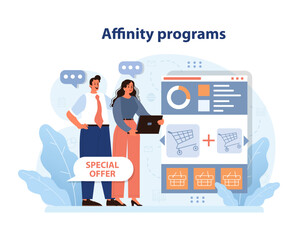 Affinity program dynamics. Professionals analyzing online special offers, focusing on maximizing customer loyalty. Interacting with dashboard, insights, and shopping carts. Flat vector illustration