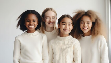 Obraz premium Happy inclusive girls wearing white knitted sweaters on plain white room from Generative AI