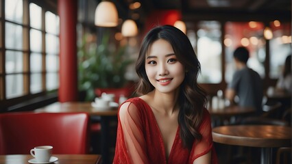 Happy beautiful japanese woman on red dress on a restaurant cafe background from Generative AI