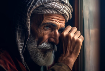 A mature arab man sits at a window looking thoughtful and desperate