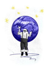 Composite collage image of funny santa claus hold plane fly travel agency low cost new year atmosphere christmas celebration x-mas