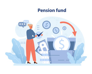 Pension Fund concept. Elderly woman reviews a growing financial portfolio, surrounded by money icons and financial elements. Planning for a secure retirement. Flat vector illustration.