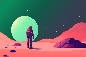 Astronaut walks on the surface of the planet. Space trip. Astranaft in a spacesuit is studying an unknown planet against the backdrop of a beautiful landscape.