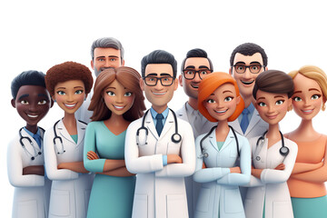 Smiling group of doctors characters isolated. Multinational medicine workers collective, diverse medical team. Ai generative cartoon characters on transparent png background - obrazy, fototapety, plakaty