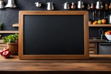 Blank blackboard on wooden table and blurred kitchen background for display or montage your products - obrazy, fototapety, plakaty