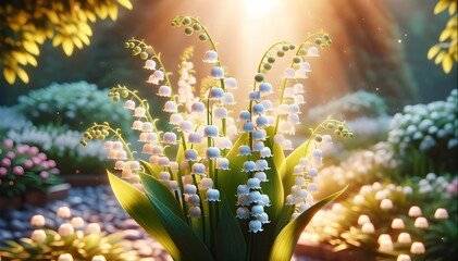 Muguet: clochettes blanches et feuilles vertes évoquent le printemps. Cette plante, symbole de la Fête du Travail, enrichit jardins et nature de ses couleurs. - obrazy, fototapety, plakaty