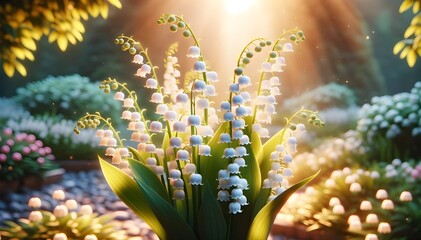 Muguet, symbole du printemps et de la Fête du Travail, évoque la renaissance de la nature. Cette plante aux fleurs blanches incarne l'harmonie et la pureté. - obrazy, fototapety, plakaty