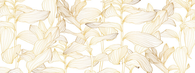 Minimalistic Golden pattern design, greeting, invitation card template design, tropical plant, Solomon's seal (Polygonatum multiflorum), hand drawn doodle graphics on white background.