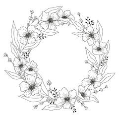 Round frame of flowers. Plants are drawn by hand. Leaves, twigs, buds in a natural wreath.