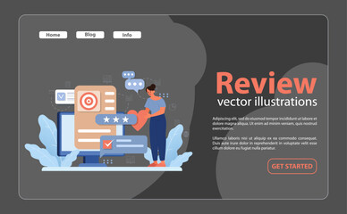Feedback and evaluation illustrated. Woman interacting with performance metrics, offering heart-felt rating, and engaging with digital reviews. Accurate assessment, customer experience. Flat vector