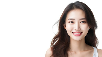 Closeup portrait of beauty asian woman with fair perfect healthy glow skin isolated on white, young beautiful asia girl with pretty smile on face. Beauty korean spa skincare banner, copy space - Powered by Adobe