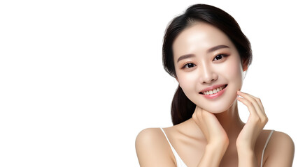 Asian woman has a lovely face is feeling happy with her perfect skin touch her face. She wears a white top. isolated over white background. Skincare, cosmetology and plastic surgery concept.