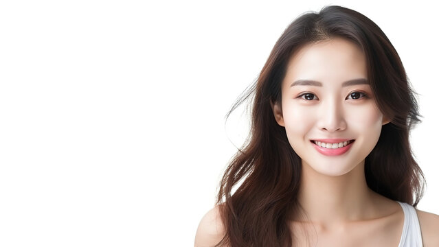Closeup portrait of beauty asian woman with fair perfect healthy glow skin isolated on white, young beautiful asia girl with pretty smile on face. Beauty korean spa skincare banner, copy space