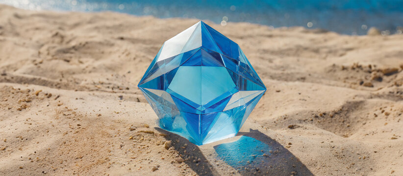 A crystal tetrahedron on sandy terrain under a clear sky.