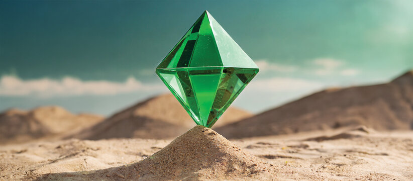 A green crystal tetrahedron on sandy terrain under a clear sky.